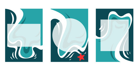Small vector cards for wishes, notes, names. Postcard templates in nautical style, waves, blue breeze, starfish.のイラスト素材