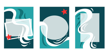 Small vector cards for wishes, notes, names. Postcard templates in nautical style, waves, blue breeze, starfish.のイラスト素材