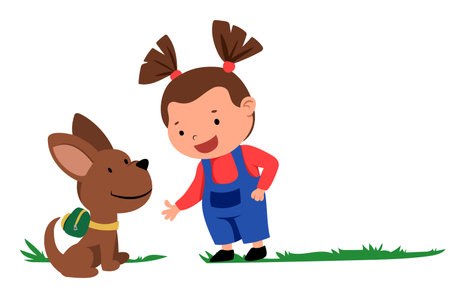 The girl tells the dog about the journey. A puppy with a backpack sits and listens to the girl.のイラスト素材