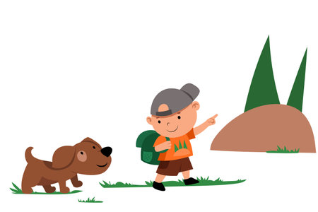 A boy with a puppy and a backpack go hiking up the mountain in the forest. The boy is talking to the dog, showing the direction with his hand.のイラスト素材