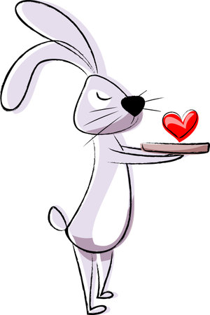 Vector gray rabbit with big ears stands on its paws. A cute hare holds a heart in its paws. Animal drawn in freehand style.のイラスト素材