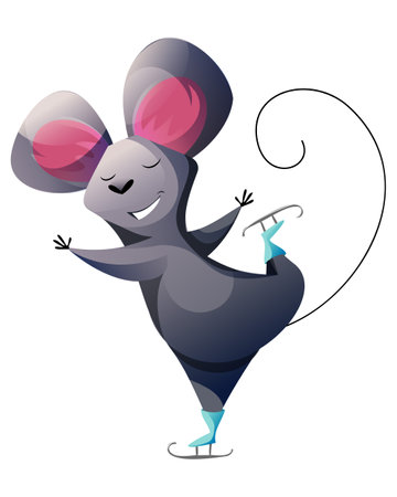 A cute mouse with big ears and big hips is skating, cheerful, contented. The mouse dances on the ice, balancing with his hands on the rink.のイラスト素材