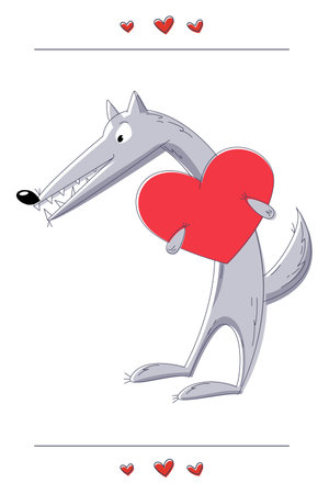 Romantic card with cute gray wolf. A thin cartoon wolf stands on its hind legs, holds a big heart in its paws. Postcard template for declaration of love, wishes, congratulationsのイラスト素材