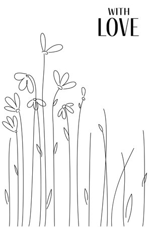 Vector tender postcard with tall hand drawn flowers, linear grass. Postcard message with love. Invitation, congratulations, recognition.のイラスト素材