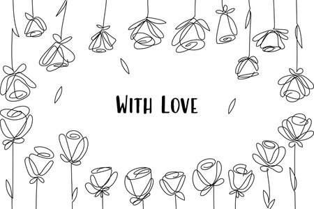 Vector romantic card with single line drawn flowers, roses. Postcard with love, for coloring, compliment. Invitation, congratulations, recognition.のイラスト素材