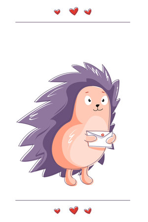 Cartoon cute hedgehog with lilac needles holds a letter, news, compliment in its paws. Animal in love message, wish, place for text. Postcard for congratulations, declarations of love.のイラスト素材