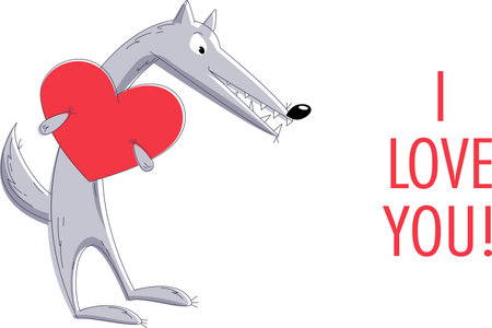Romantic card with a cute gray wolf. The wolf stands on its hind legs, holding a big heart in its paws. Postcard template for declaration of love, wishes, congratulationsのイラスト素材
