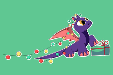 A cute vector purple dragon with red wings stands on a gift box. Dinosaur with a Christmas box and a garland stretching from his hornsのイラスト素材