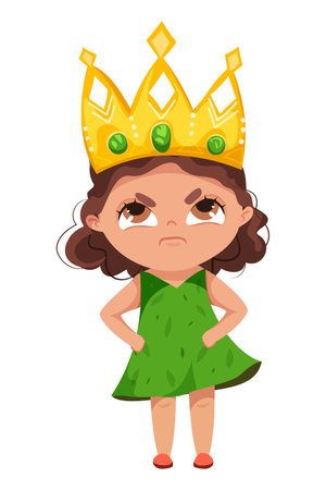An evil girl in a green dress and a yellow big crown on her head. A gloomy dissatisfied child stands with his hands on his sides.のイラスト素材