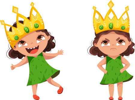A dark-haired girl with a large crown on her head. Emotions of gloom and fun. Green summer dress with leaves, red shoesのイラスト素材
