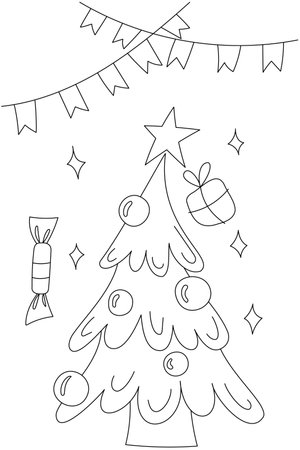 Vector page for coloring. New Year, Christmas gifts, garlands. creative task for children. Christmas tree with a star.のイラスト素材
