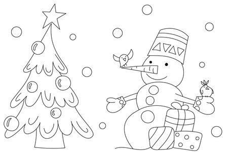 Vector page for coloring. New Year, Christmas gifts, garlands. creative task for children. Christmas tree with a star.のイラスト素材