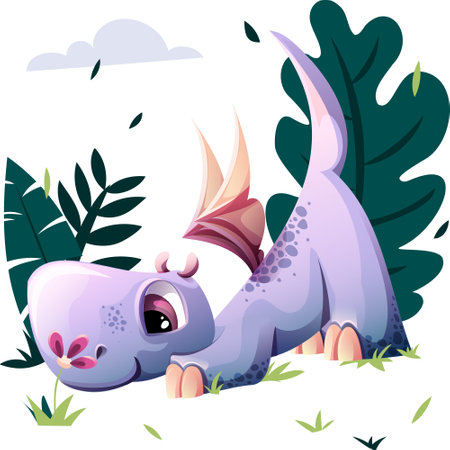 A small purple dragon dinosaur with big eyes landed to sniff a flowerのイラスト素材