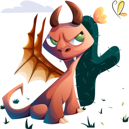 An angry disgruntled dragon with wings and horns looks at a butterfly. Cartoon dinosaur standing next to a cactusのイラスト素材