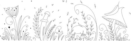 Vector linear background of forest plants. Mushroom with a large cap. Plants, curls, flowers. There is a leaf on the cap of the mushroom. Children's autumn coloringのイラスト素材