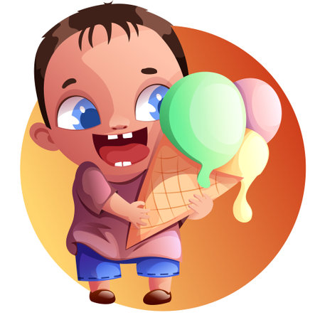 Vector little boy holding an ice cream in his hands. Summer sweet child life illustration. The child reaches for the ice cream.のイラスト素材