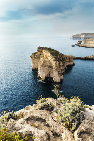 Panoramic view of the Azure window and Fungus rock on the island Gozo, Malta. Tourist attraction from above.の写真素材