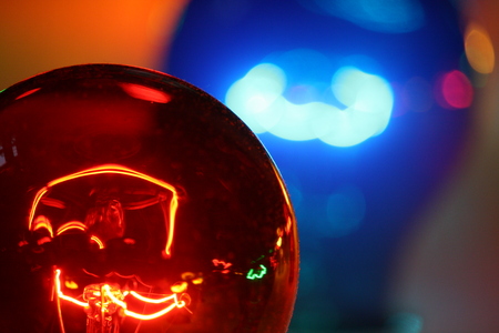 Red and blue glowing bulbの写真素材