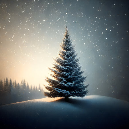 Fir tree in snowy landscape with falling snow, 3d illustrationの素材