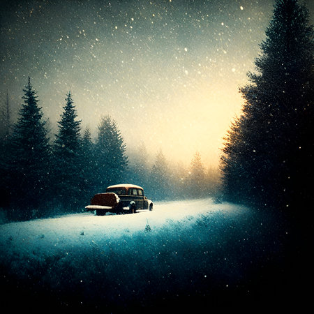 Car on the road in the winter forest. Old color image styleの素材
