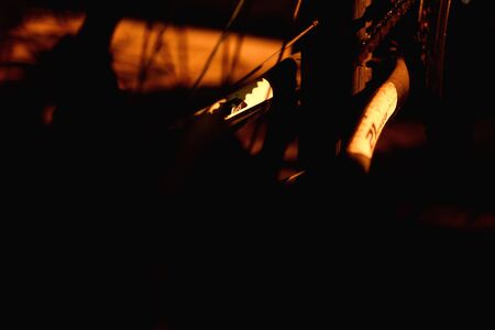 Mountain bike part outdoor photography, low light background.の写真素材