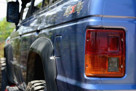 Chiangmai, Thailand, Febuary-19-2020: Closeup photo Mitsubishi Pajero classic blue off road car, 4x4...