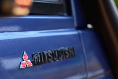 Chiangmai, Thailand, Febuary-19-2020: Closeup photo Mitsubishi Pajero classic blue off road car, 4x4 vehicle concept.のeditorial素材