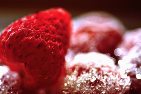 Frozen strawberry selectived focus and blurred background.の写真素材