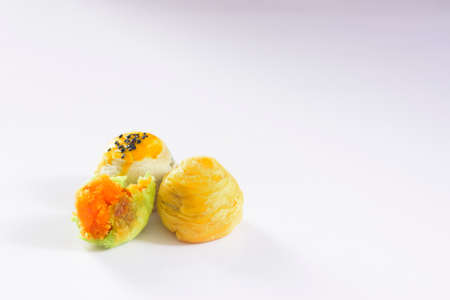 Spring Roll pastry with nuts, salted eggs isolate on white background.の写真素材