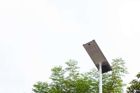 Street lamp post with solar panel energy and green tree isolated on white background.の写真素材