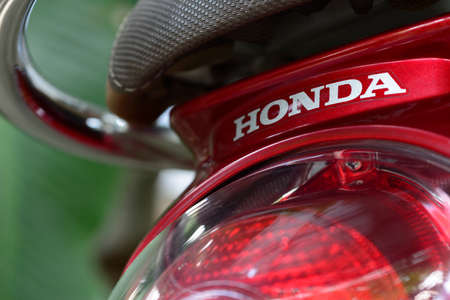 Chiang Mai, Thailand - September 14, 2020: Closeup Honda logo on redÂ motorcycle