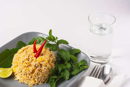 Mackerel fried rice isolated on white background.