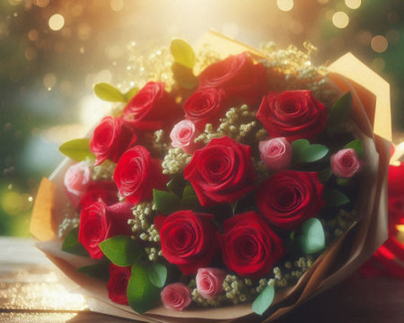Red rose bouquet for valentine day in natural morning light.の写真素材