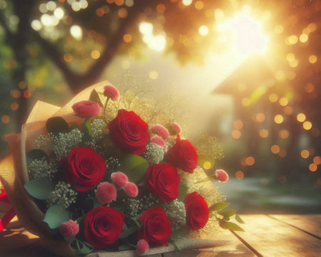 Red rose bouquet for valentine day in natural morning light.の写真素材