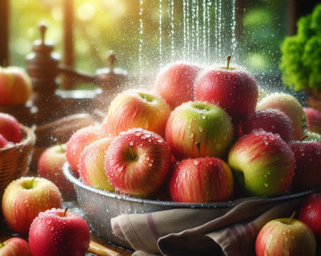Brightly colored apples in vegetable sink in soft morning sunlight.の写真素材