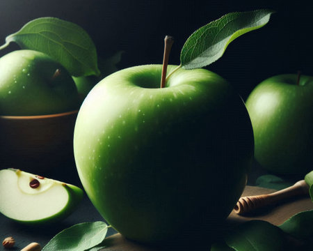 Green apple on natural light backgroundの素材