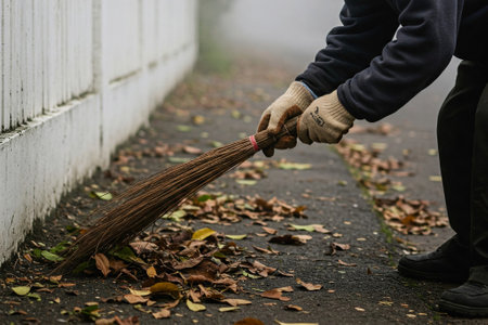 Elderly man uses broom to sweep leaves off asphalt road by the fence.の素材