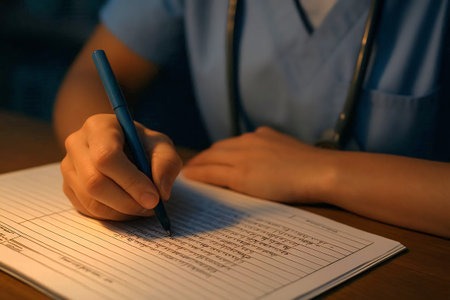 Close-up of a nurse's hands writing detailed notes on a patient's chart.の素材