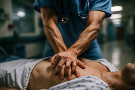 Close-up of an ER doctor's hands performing CPR on a patient's chest.の素材