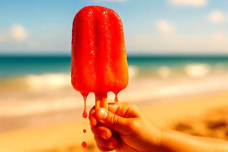 Macro shot of a melting ice pop in vibrant red and orange colors.の素材