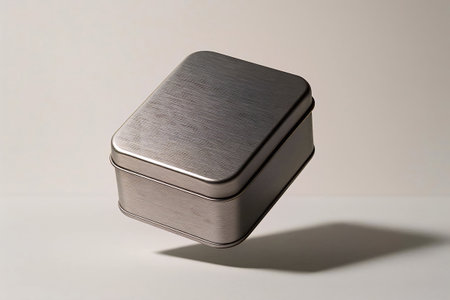 A minimalist metal tin with a brushed finish levitating against a clean soft white backdrop.の素材