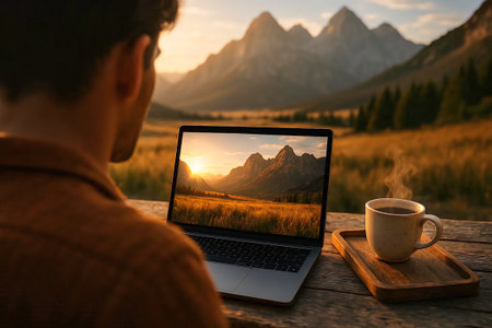A digital nomad typing on a sleek silver laptop keyboard with morning sun.の素材
