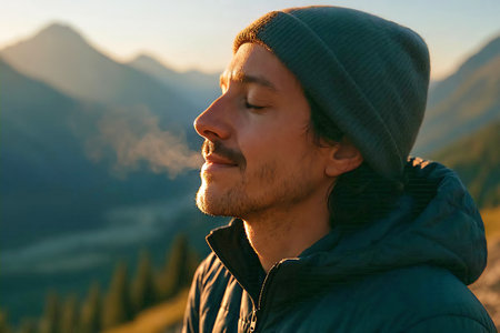 A digital nomad eyes closed and breathing in the fresh mountain air.の素材