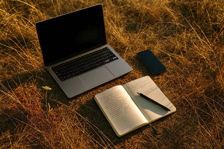 Flat lay of a digital nomad makeshift desk in the field with handwritten notes, a pen and a smartphone.の素材