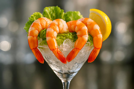 A crystal clear cocktail glass filled with large peeled and perfectly cooked prawns.の素材