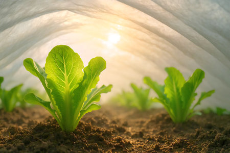 Close-up a row of young lettuce plants under a protective translucent white floating row cover.の素材