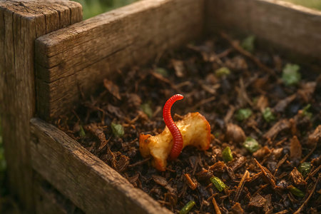 A vibrant red wiggler worm is emerging from a piece of decaying apple core amidst a mix of brown and green compost materials.の素材