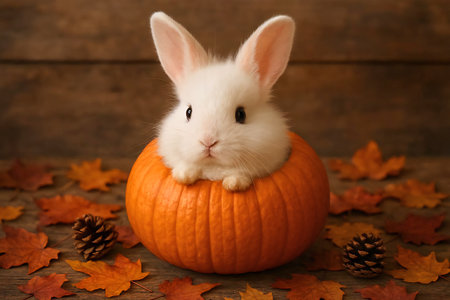 A fluffy white rabbit with pink ears peeking out from inside a hollowed-out pumpkin.の素材
