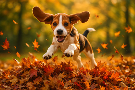 A playful Beagle puppy with long velvety ears jumping joyfully through a huge freshly raked pile of colorful leaves.の素材