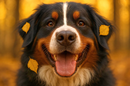 An extreme close-up on the face of a happy Bernese Mountain Dog with tongue out in a gentle pant.の素材